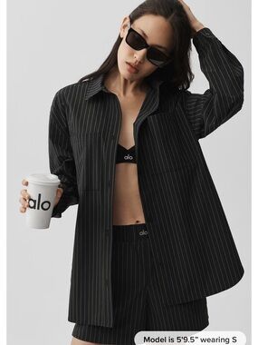 ALO Yoga Pinstripe Daylight Button Down Long Sleeve Black